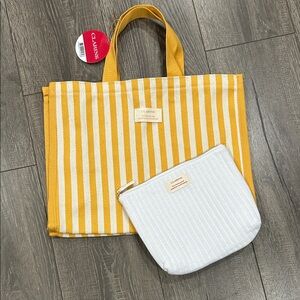 Clarins Yellow and White Striped Tote Bag Set